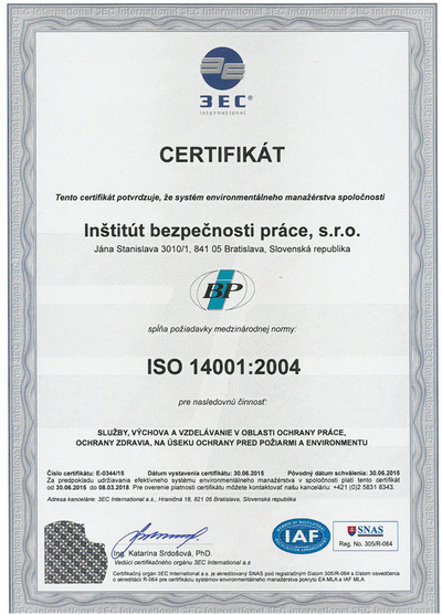 Certifikát medzinárodná norma ISO 14001 : 2004
